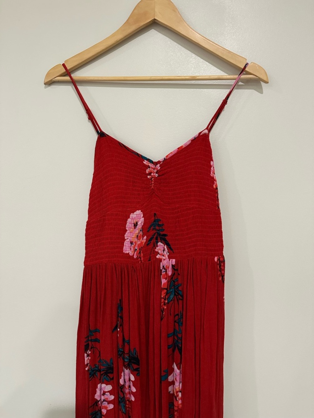 Free People Beau Red Floral Smocked Maxi Dress Small Boho Cottagecore - Picture 4 of 15